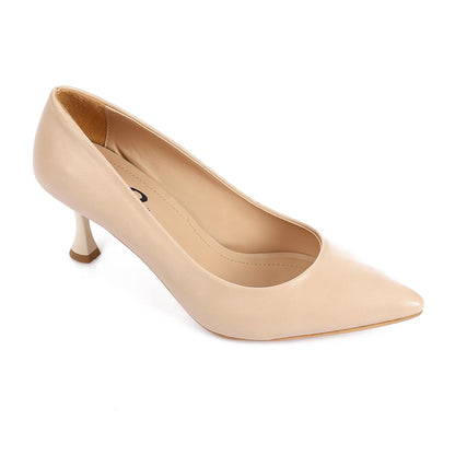 Leather Pointed-Toe Kitten Heel Pump - Beige