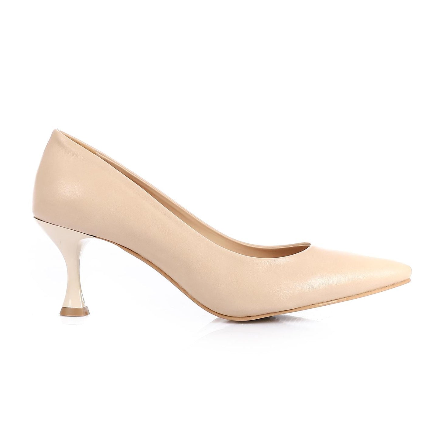 Leather Pointed-Toe Kitten Heel Pump - Beige