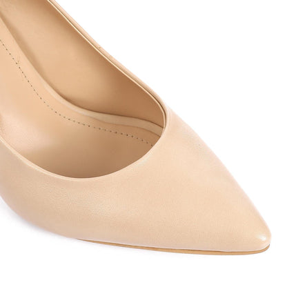 Leather Pointed-Toe Kitten Heel Pump - Beige
