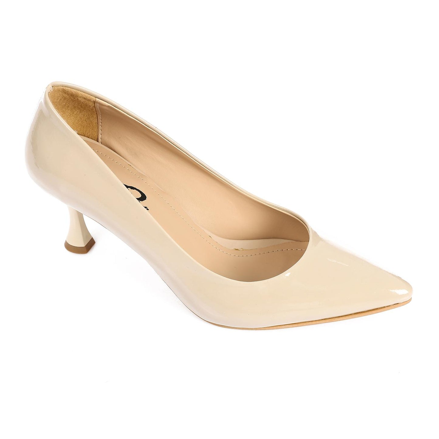 Patent Leather Kitten Heel Pointed Shoes - Beige