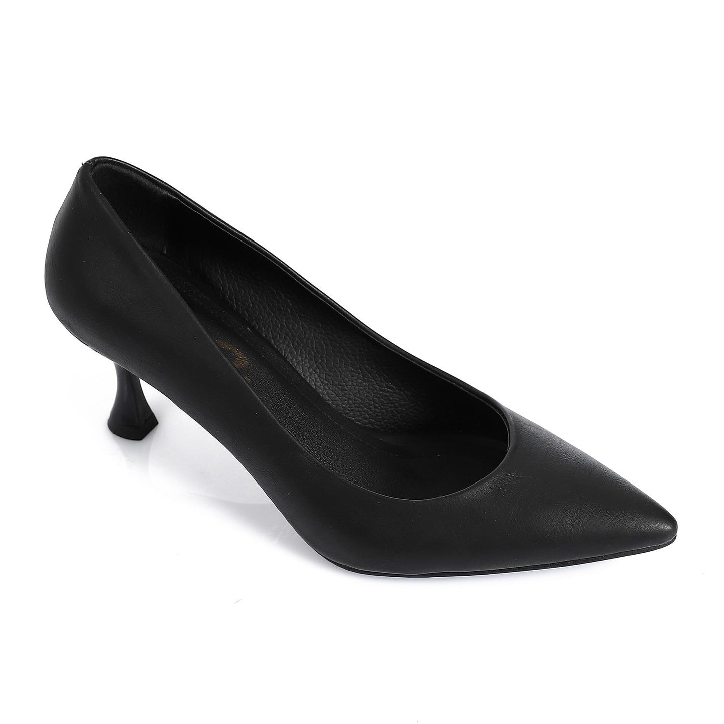 Leather Pointed-Toe Kitten Heel Pump - Black