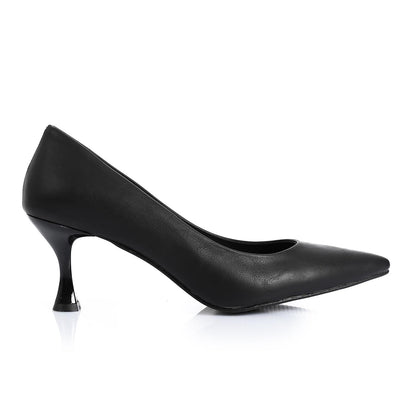 Leather Pointed-Toe Kitten Heel Pump - Black
