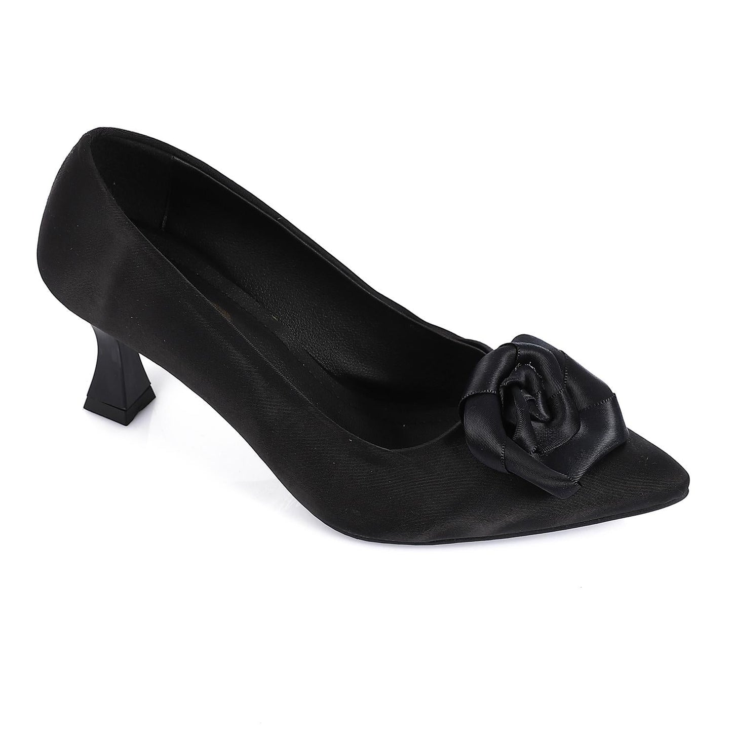 Satin Floral Pointed-Toe Kitten Heel Pump - Black