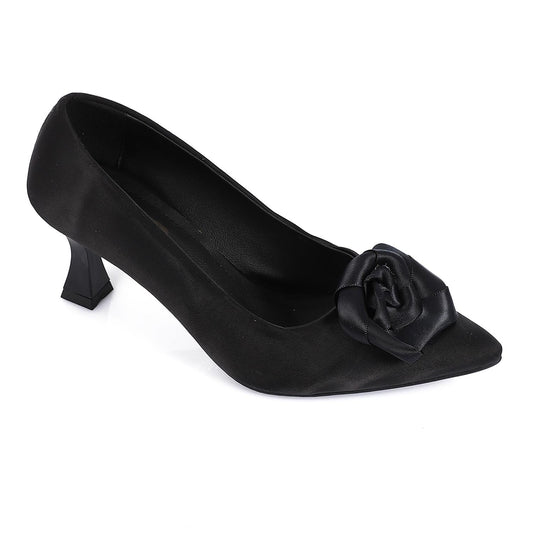 Satin Floral Pointed-Toe Kitten Heel Pump - Black