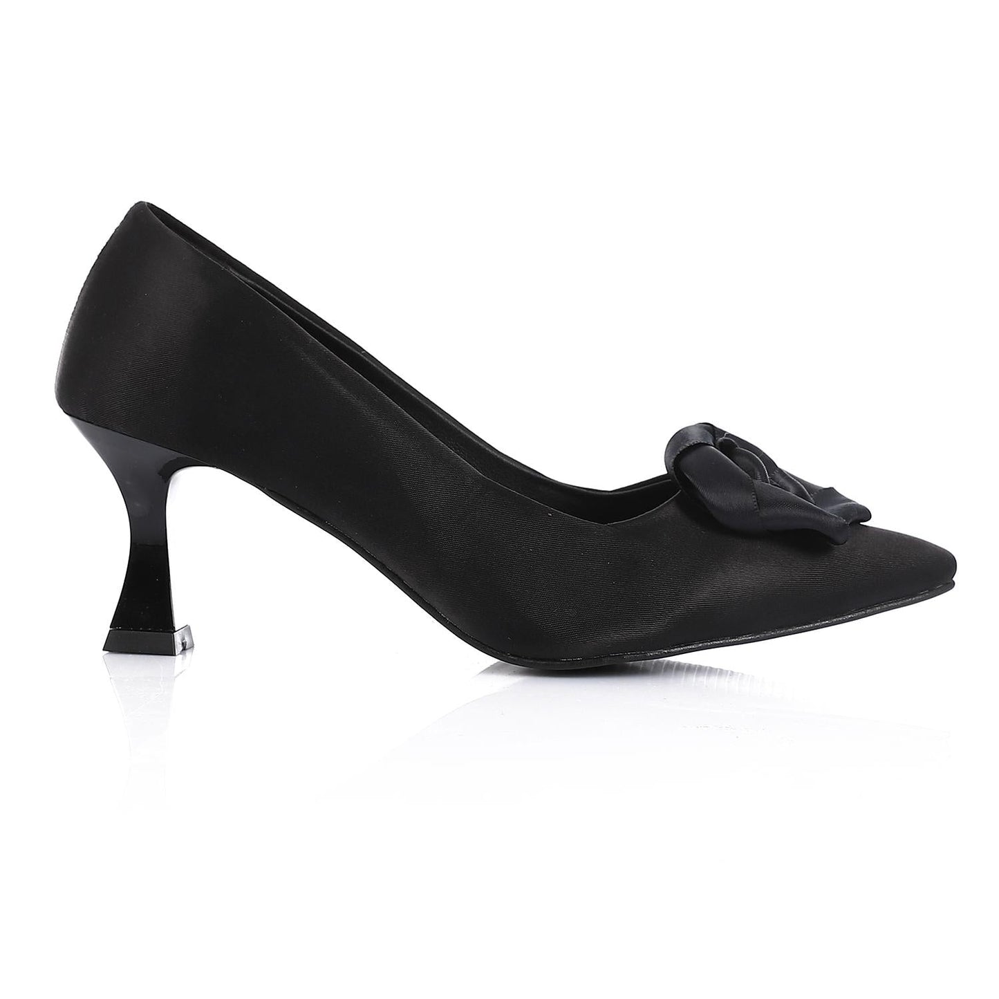 Satin Floral Pointed-Toe Kitten Heel Pump - Black