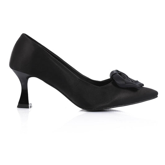 Satin Floral Pointed-Toe Kitten Heel Pump - Black