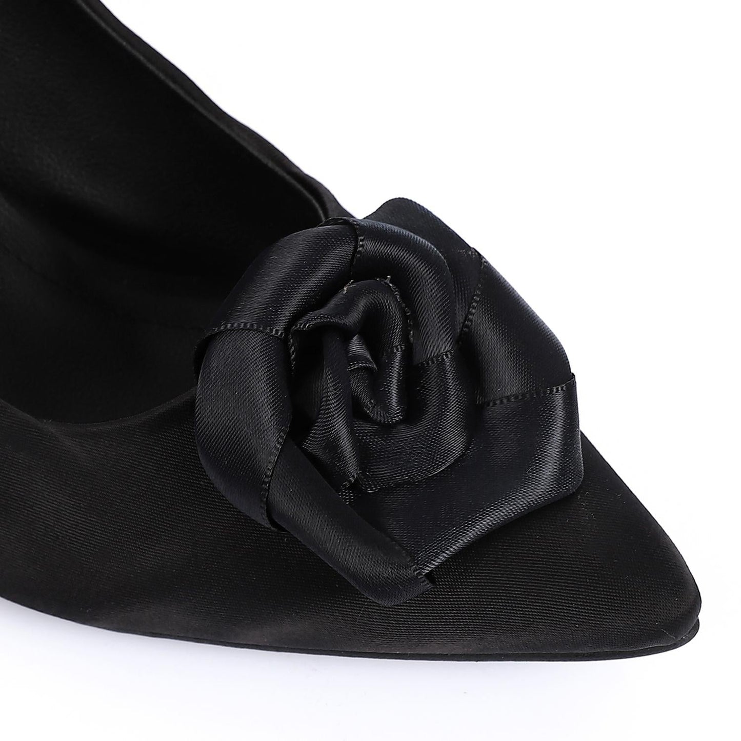 Satin Floral Pointed-Toe Kitten Heel Pump - Black