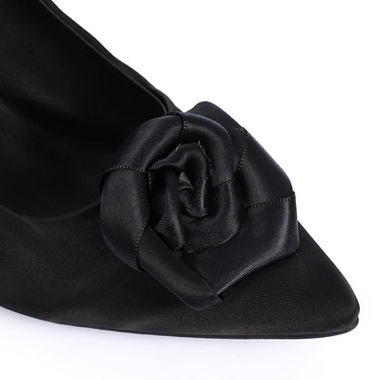 Satin Floral Pointed-Toe Kitten Heel Pump - Black