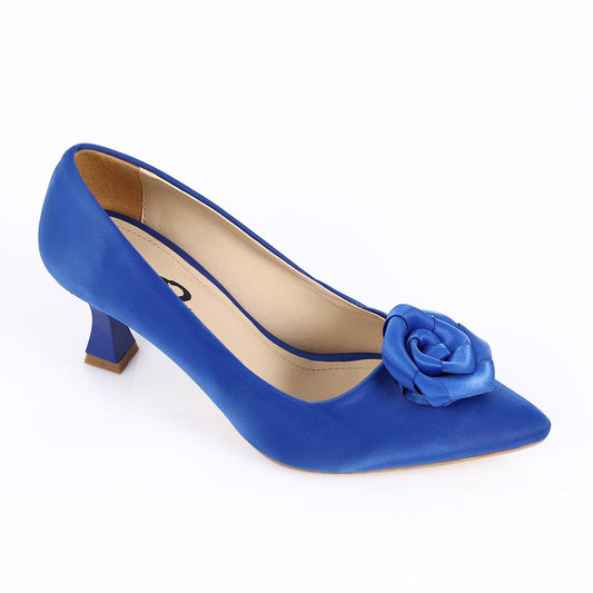 Satin Floral Pointed-Toe Kitten Heel Pump - Blue