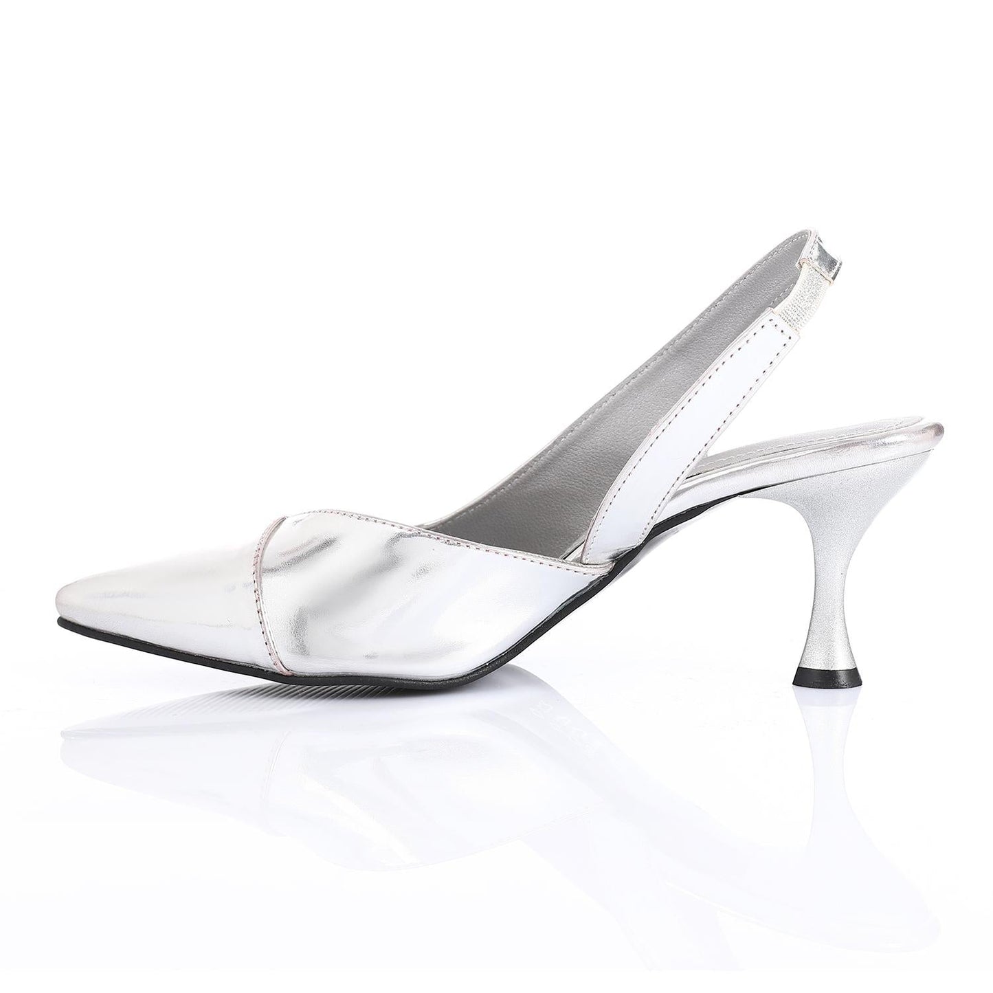 Patent Leather Pointed-Toe Slingback Kitten Heel - Silver
