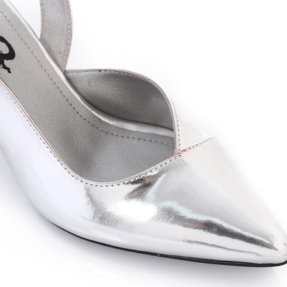 Patent Leather Pointed-Toe Slingback Kitten Heel - Silver