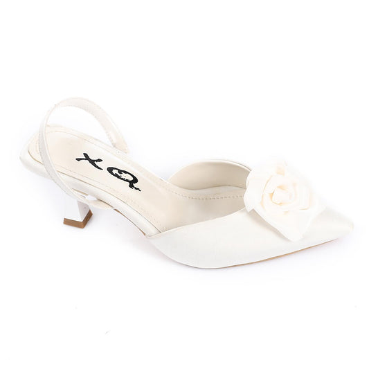 Synthetic Floral Pointed-Toe Kitten Heel Slingback Pump - White