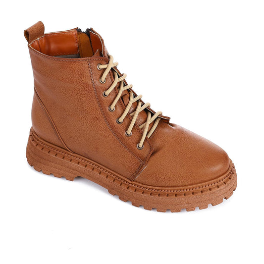 Faux Leather Textured Lace-up Combat Boot - Brown