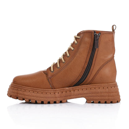 Faux Leather Textured Lace-up Combat Boot - Brown