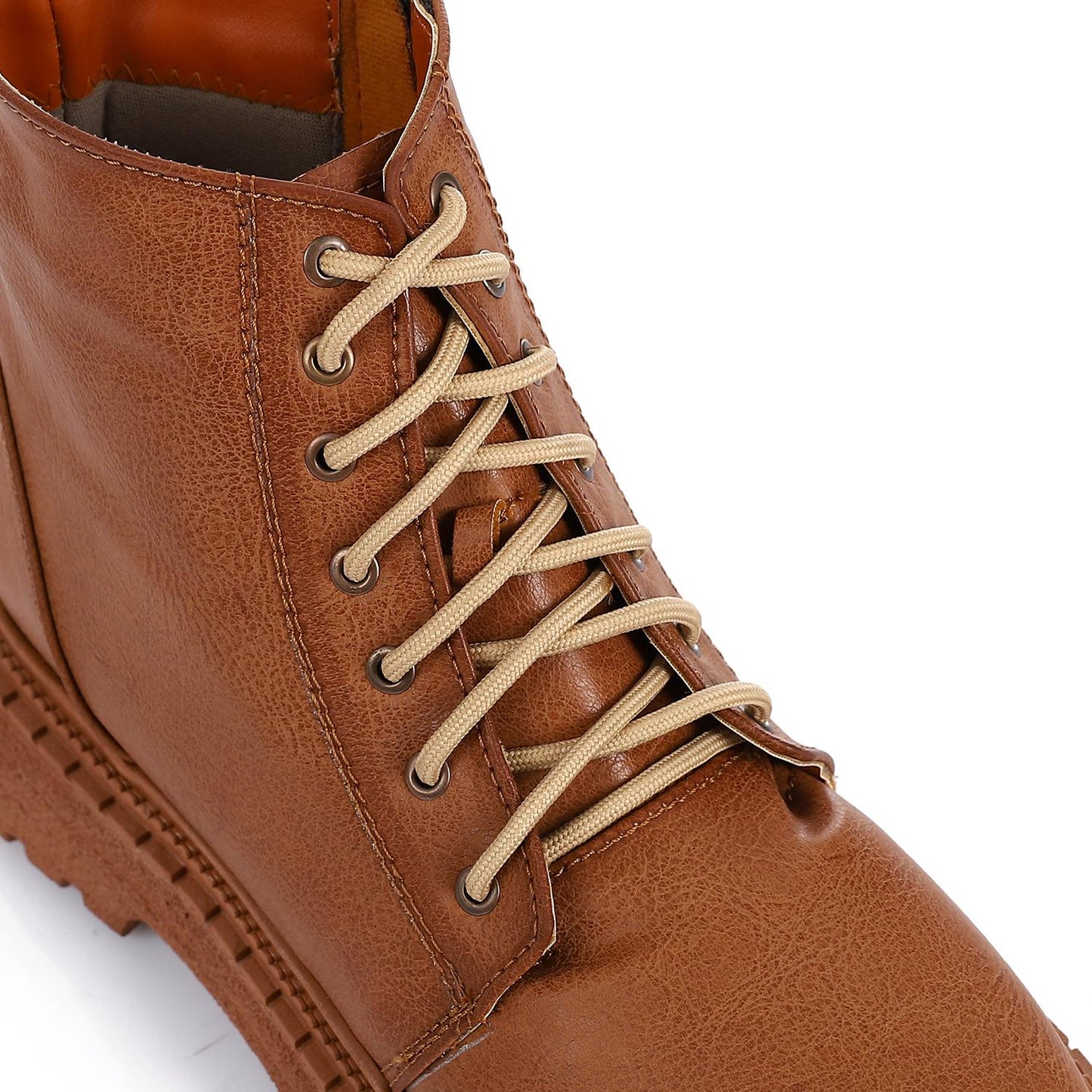 Faux Leather Textured Lace-up Combat Boot - Brown