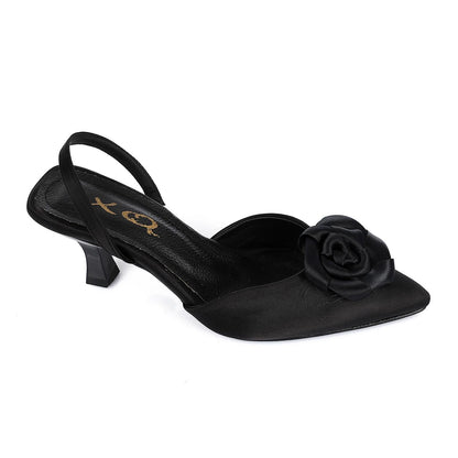 Suede Floral Pointed Toe Slingback Pumps - Black