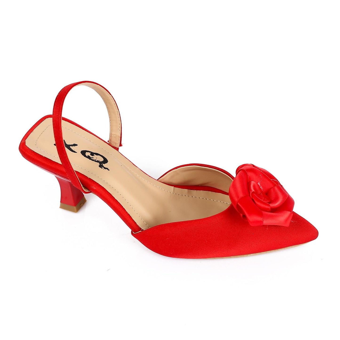 Suede Floral Pointed Toe Slingback Pumps - Red