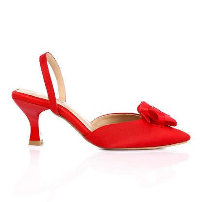 Suede Floral Pointed Toe Slingback Pumps - Red