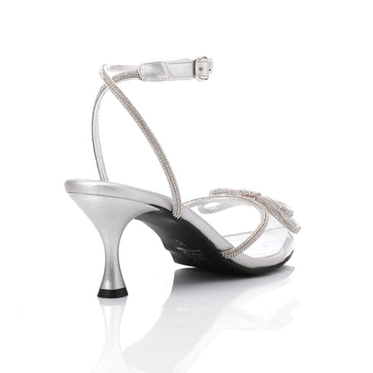 Leather Rhinestone Pointed Toe Sandals - Silver