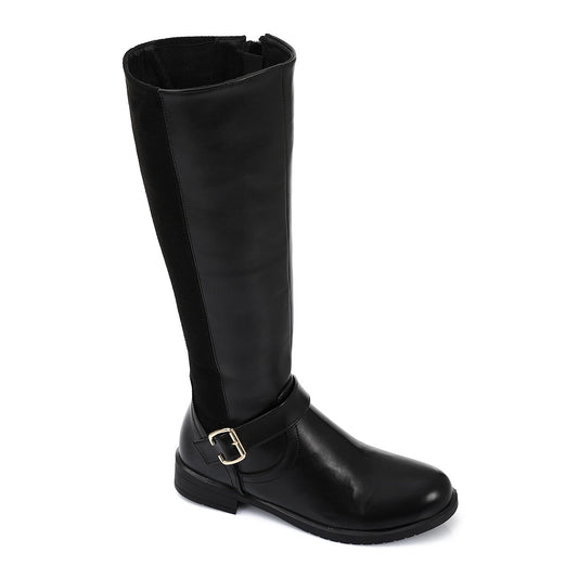 Leather and Suede Knee-High Boot - Black