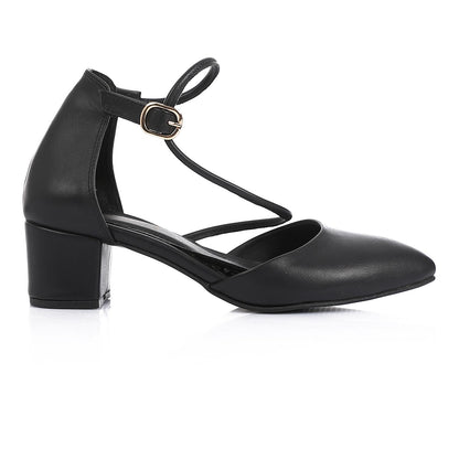 Faux Leather Ankle Strap Heels - Black