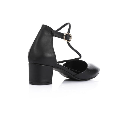 Faux Leather Ankle Strap Heels - Black