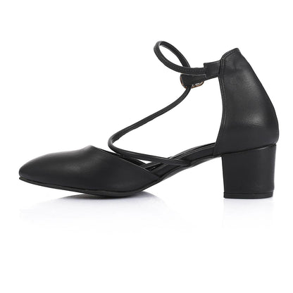Faux Leather Ankle Strap Heels - Black