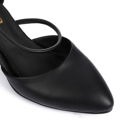 Faux Leather Ankle Strap Heels - Black