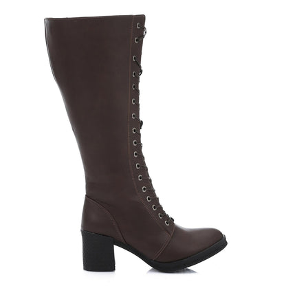 Faux Leather Wide Calf Boot - Brown