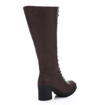 Faux Leather Wide Calf Boot - Brown