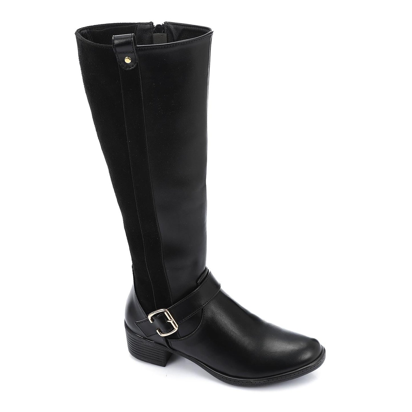 Faux Leather and Suede Knee-High Boot - Black
