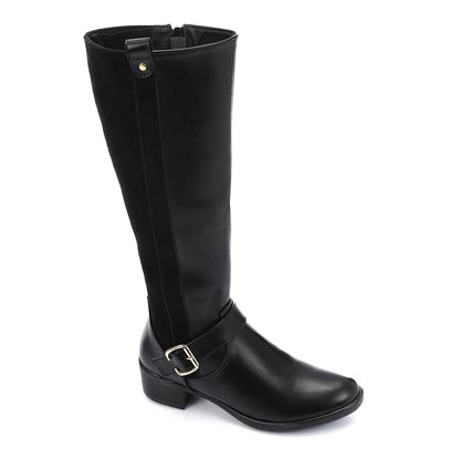 Faux Leather and Suede Knee-High Boot - Black