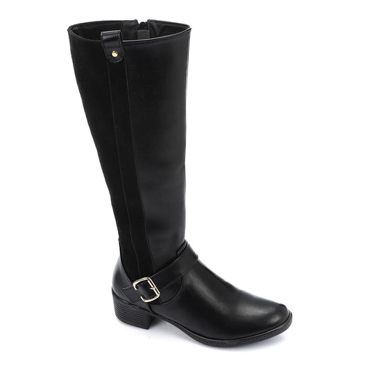 Faux Leather and Suede Knee-High Boot - Black