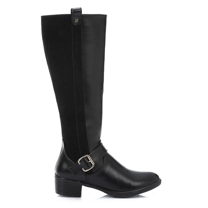 Faux Leather and Suede Knee-High Boot - Black