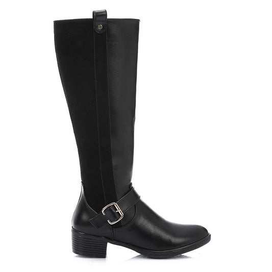 Faux Leather and Suede Knee-High Boot - Black