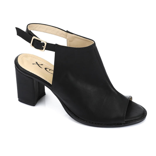 Leather Peep-Toe Block Heel Sandals - Black