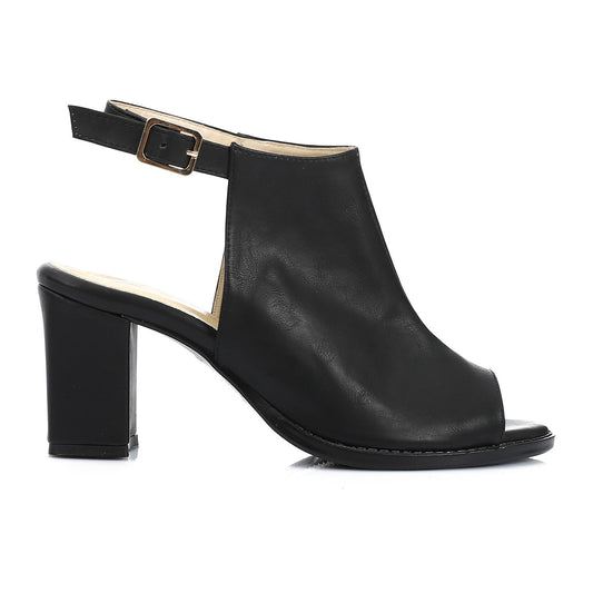 Leather Peep-Toe Block Heel Sandals - Black