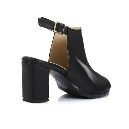 Leather Peep-Toe Block Heel Sandals - Black