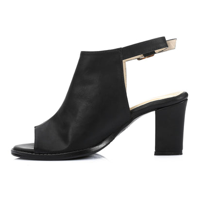 Leather Peep-Toe Block Heel Sandals - Black