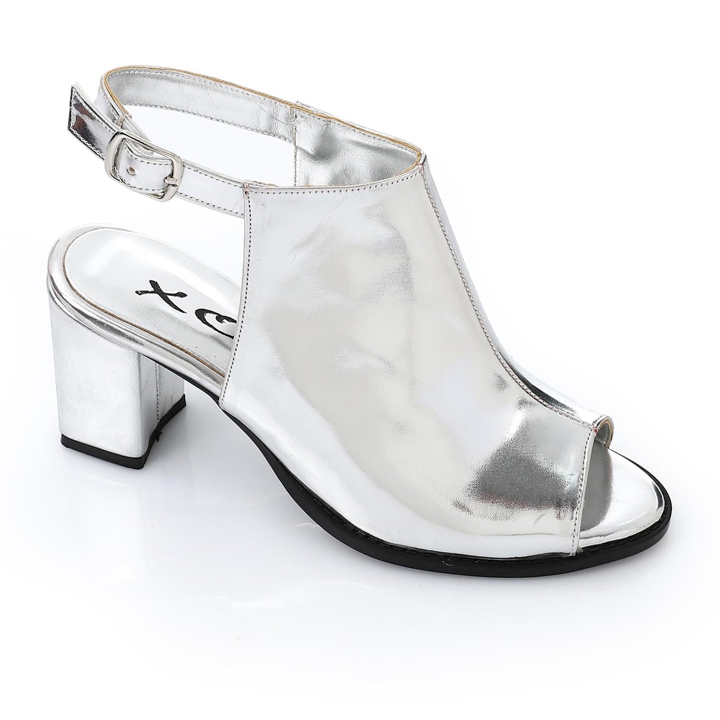 Leather Peep-Toe Block Heel Sandals - Silver