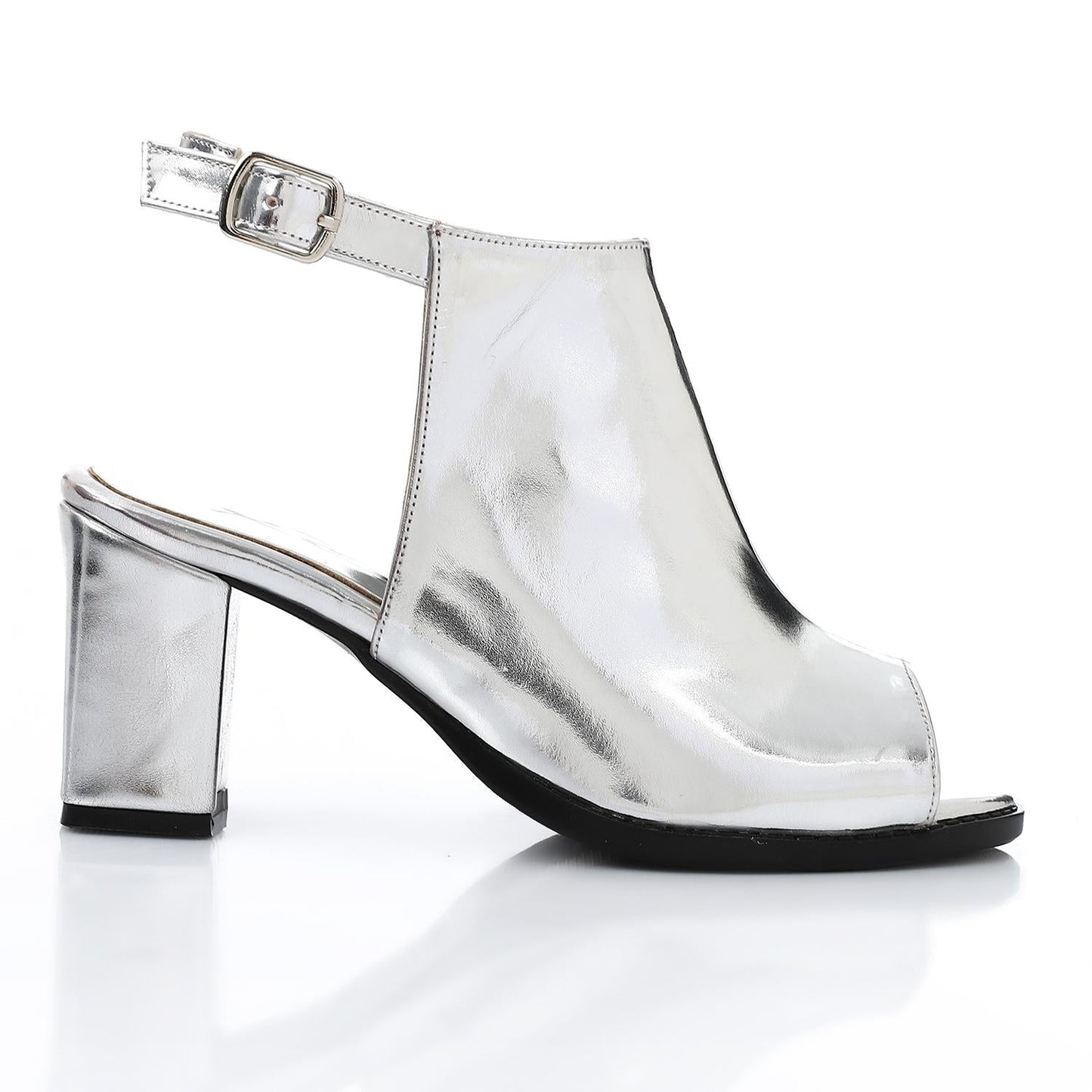 Leather Peep-Toe Block Heel Sandals - Silver