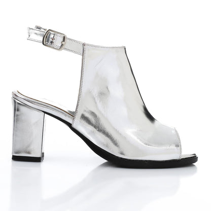 Leather Peep-Toe Block Heel Sandals - Silver