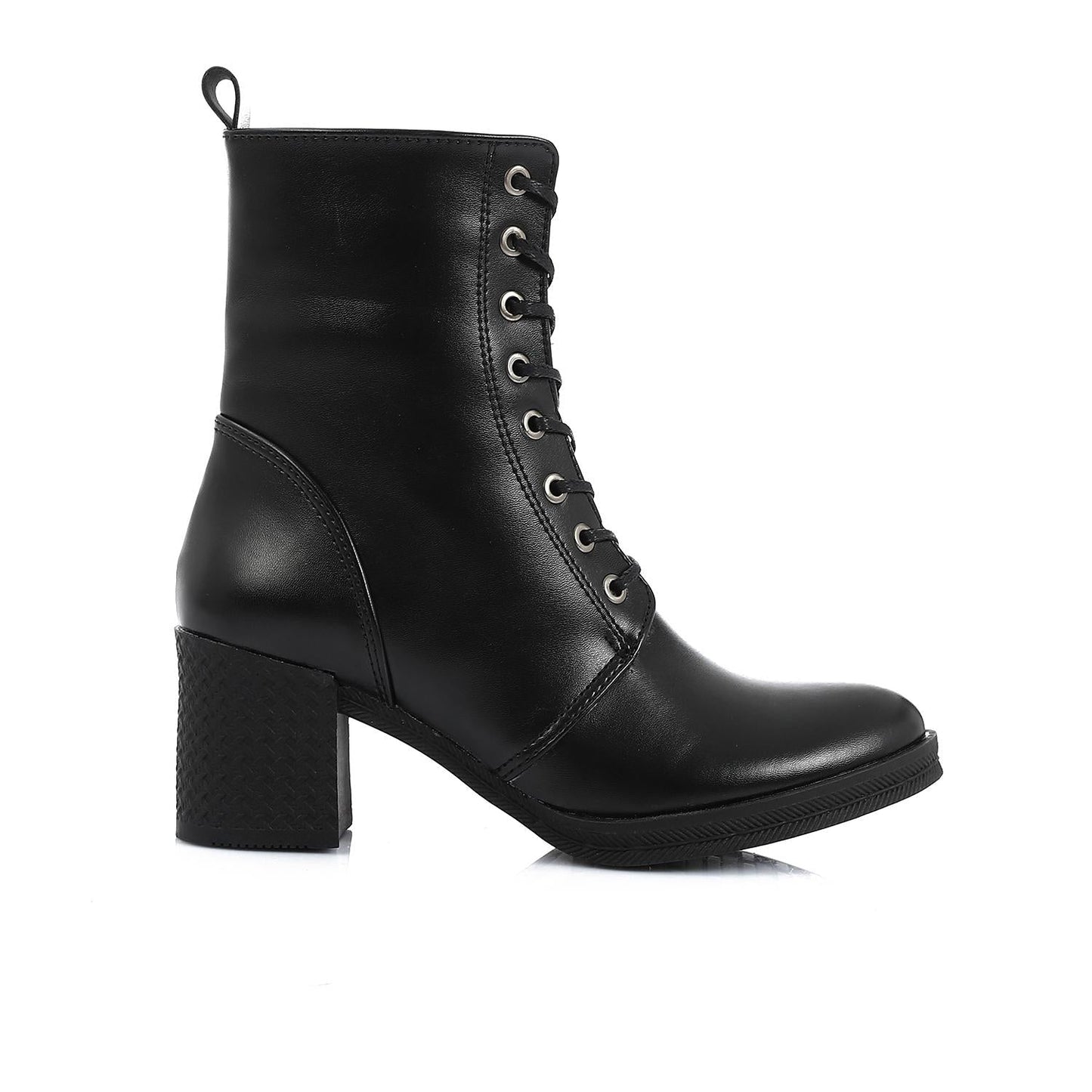 Block Heel Leather Ankle Boots - Black