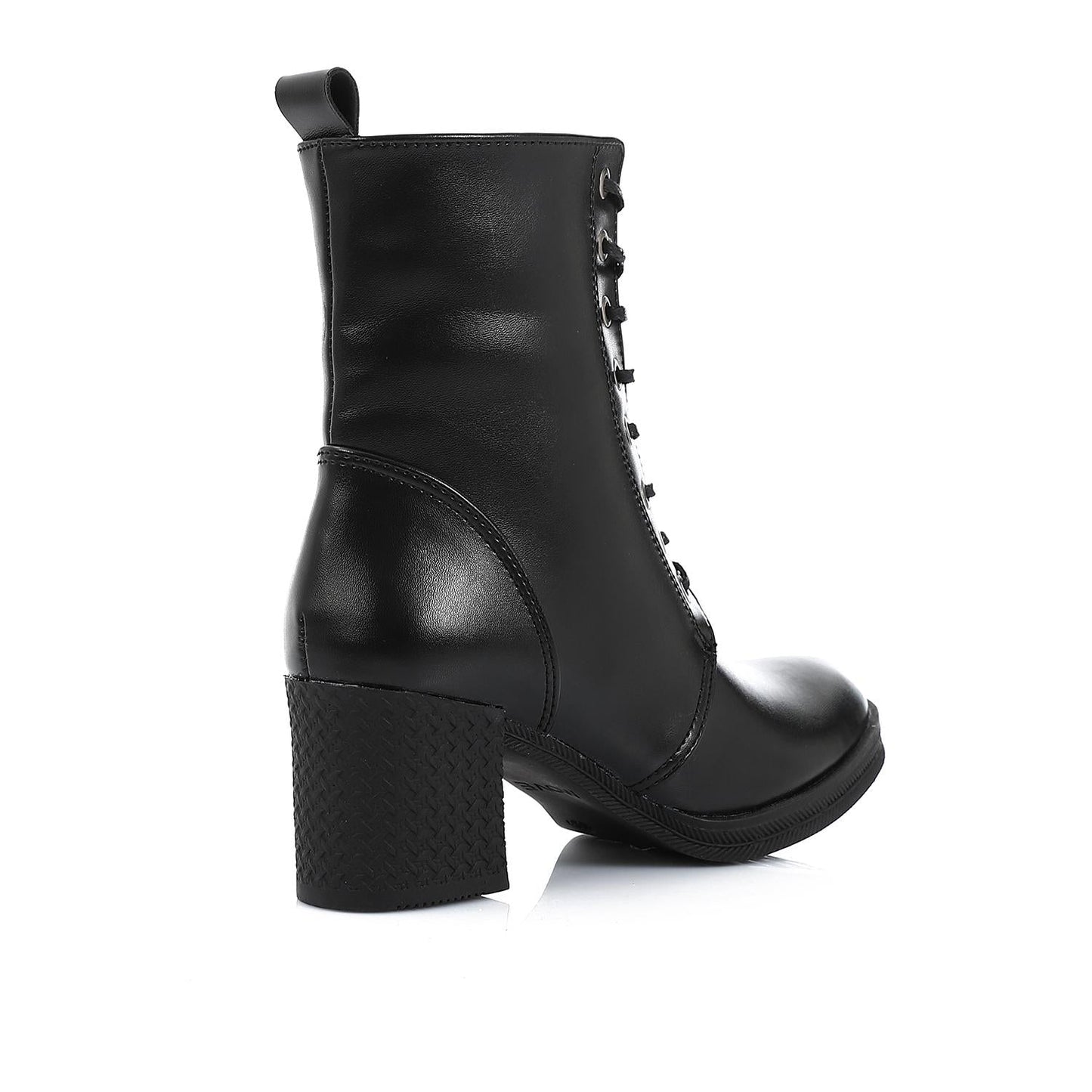 Block Heel Leather Ankle Boots - Black