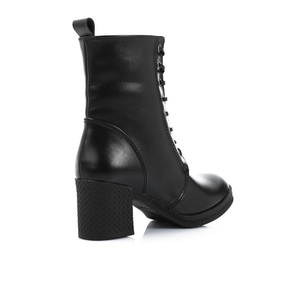 Block Heel Leather Ankle Boots - Black