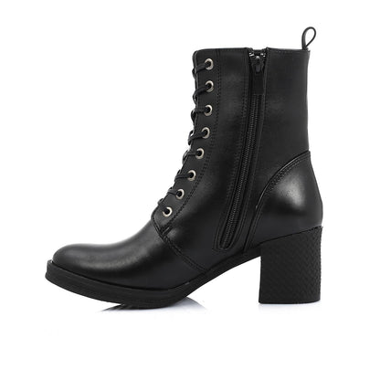 Block Heel Leather Ankle Boots - Black