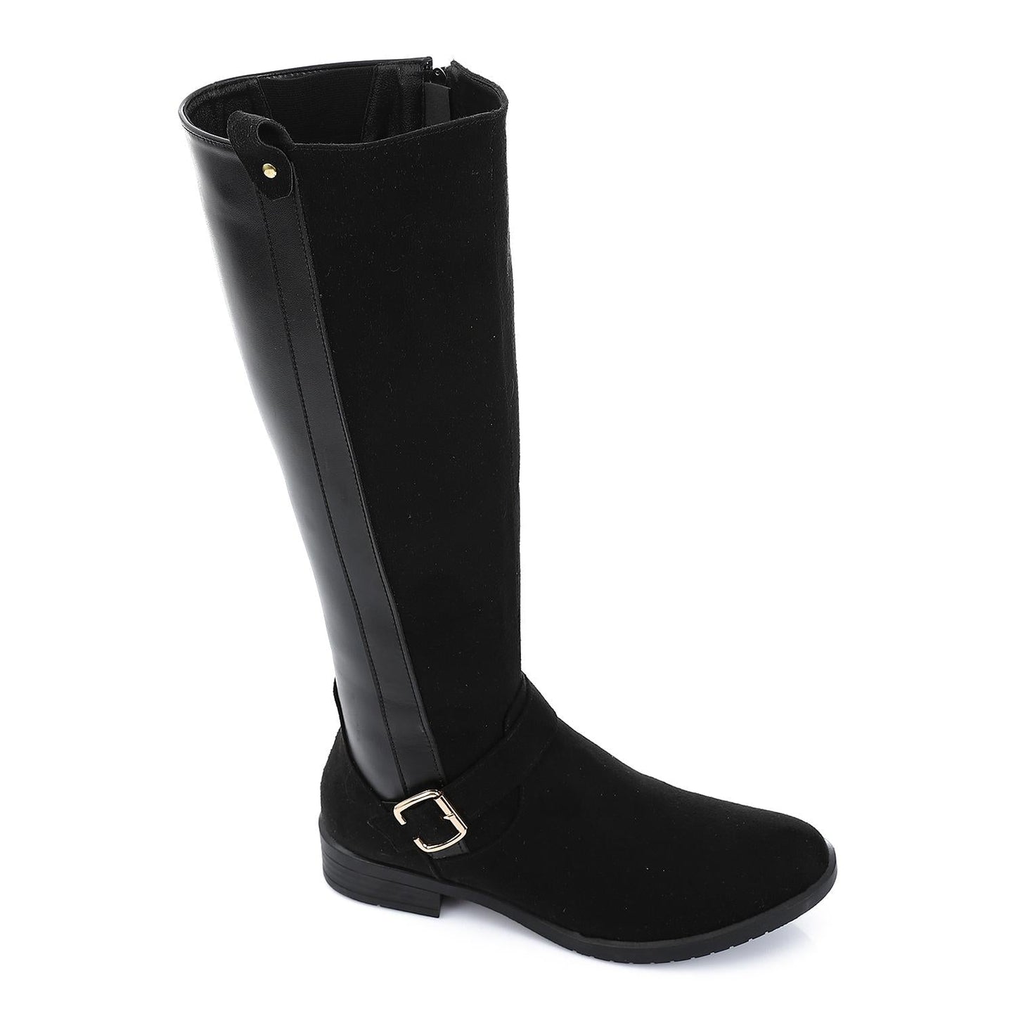 Leather & Suede Color Block Riding Boot - Black