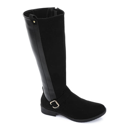 Leather & Suede Color Block Riding Boot - Black