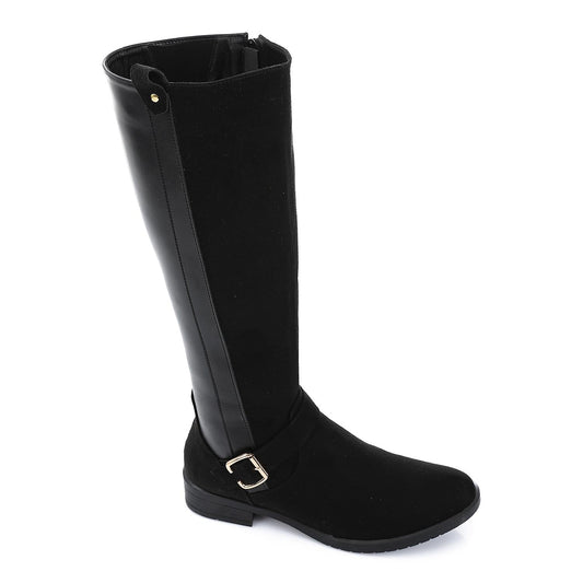 Leather & Suede Color Block Riding Boot - Black