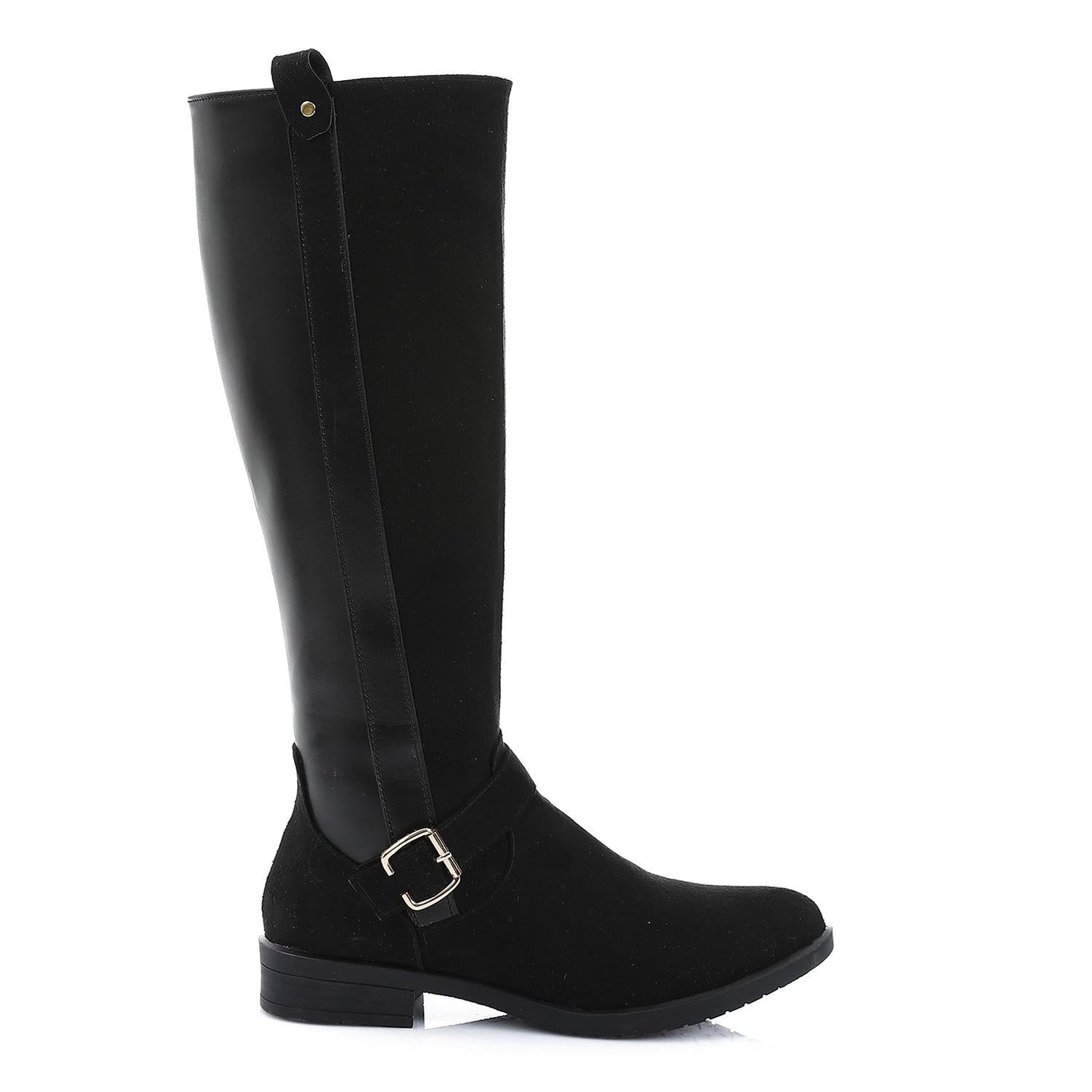 Leather & Suede Color Block Riding Boot - Black